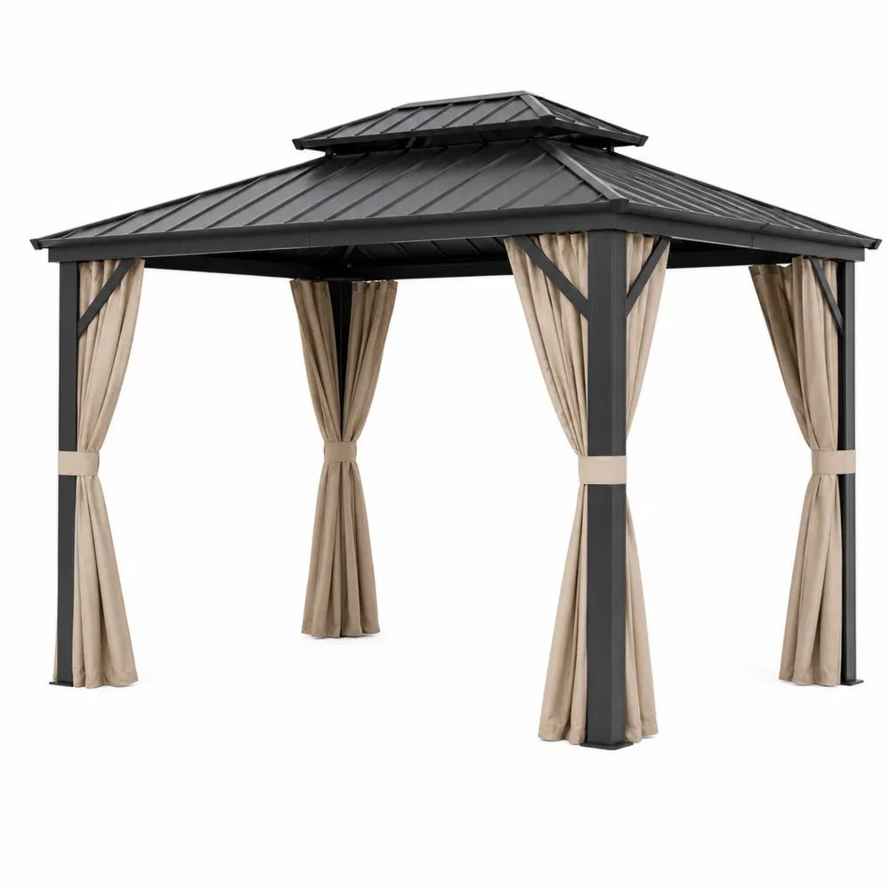 Gazebo da giardino in acciaio verniciato a polvere con tetto rigido in acciaio e tende laterali in poliestere struttura quadrata 300 cm x 300 cm x 265 cm grigio e beige