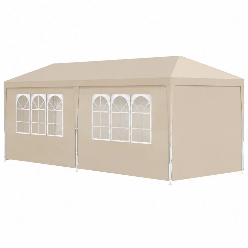 Gazebo da esterno in acciaio verniciato a polvere con copertura in poliestere e tende laterali con finestre beige 600 x 300 x 280 cm struttura rettangolare