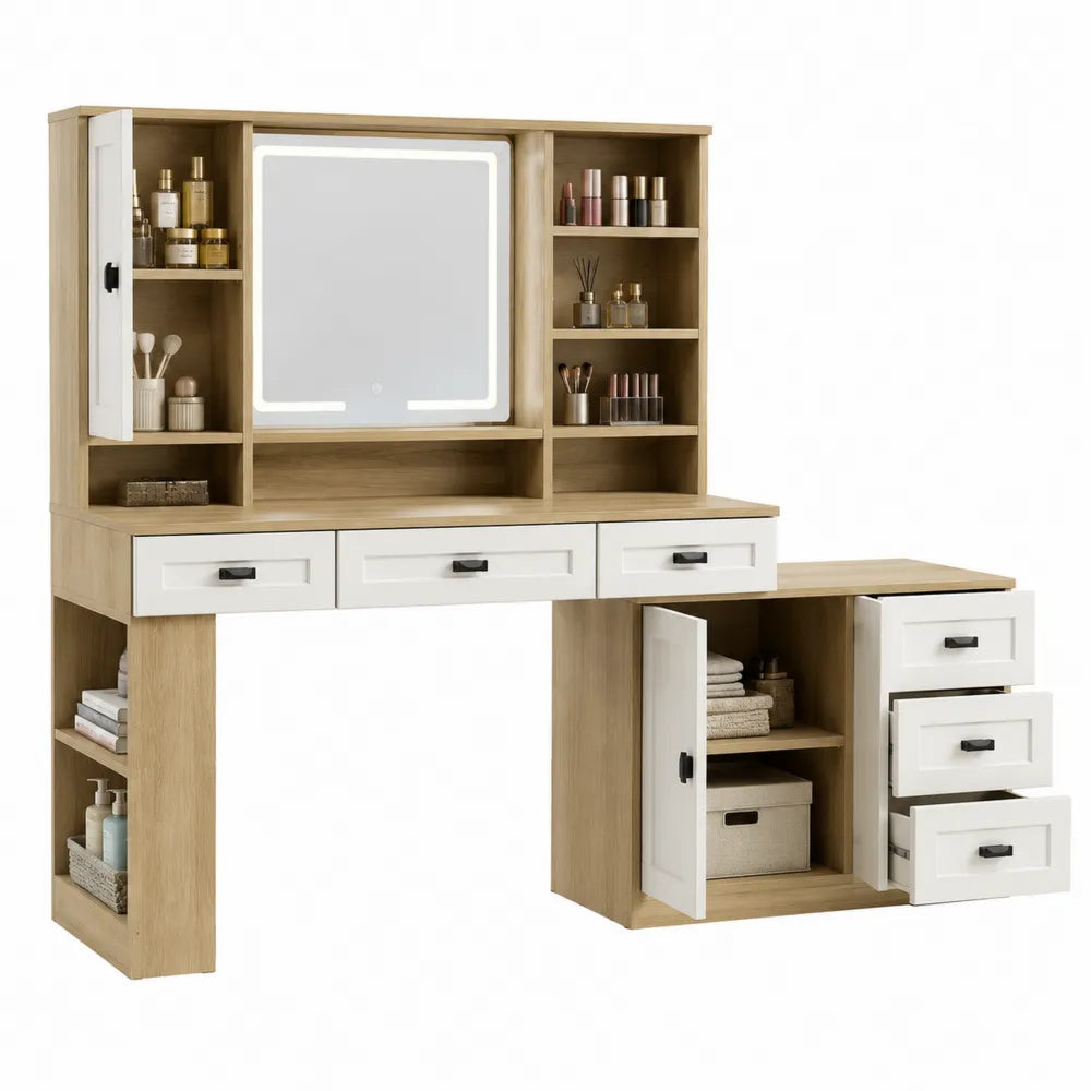 Toeletta con specchio 120 x 45 x 140 cm circa in MDF effetto legno naturale e bianco con 3 cassetti e armadietto laterale
