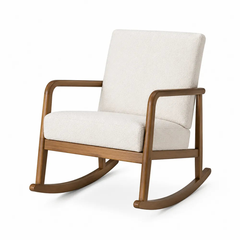 Poltrona a dondolo imbottita con braccioli struttura in legno massello rivestimento in tessuto colore beige dimensioni 70 cm x 80 cm x 100 cm