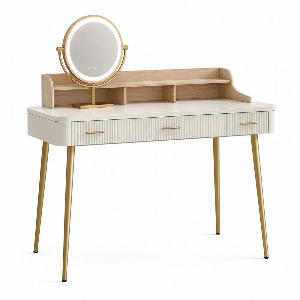 Toeletta trucco con specchio LED rotondo MDF bianco piano effetto legno naturale gambe in metallo dorato 120 x 40 x 135 cm