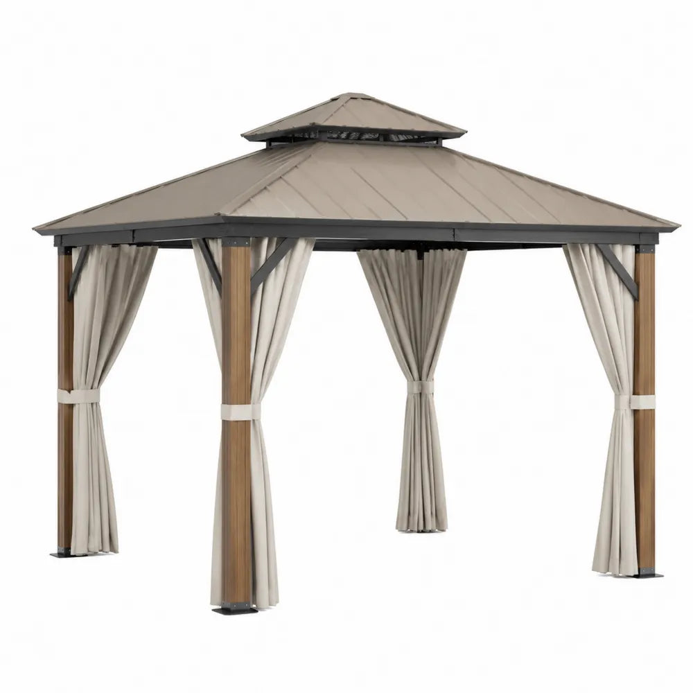 Gazebo da giardino 300 cm x 300 cm x 270 cm con struttura in acciaio effetto legno e tende laterali beige tetto doppio strato