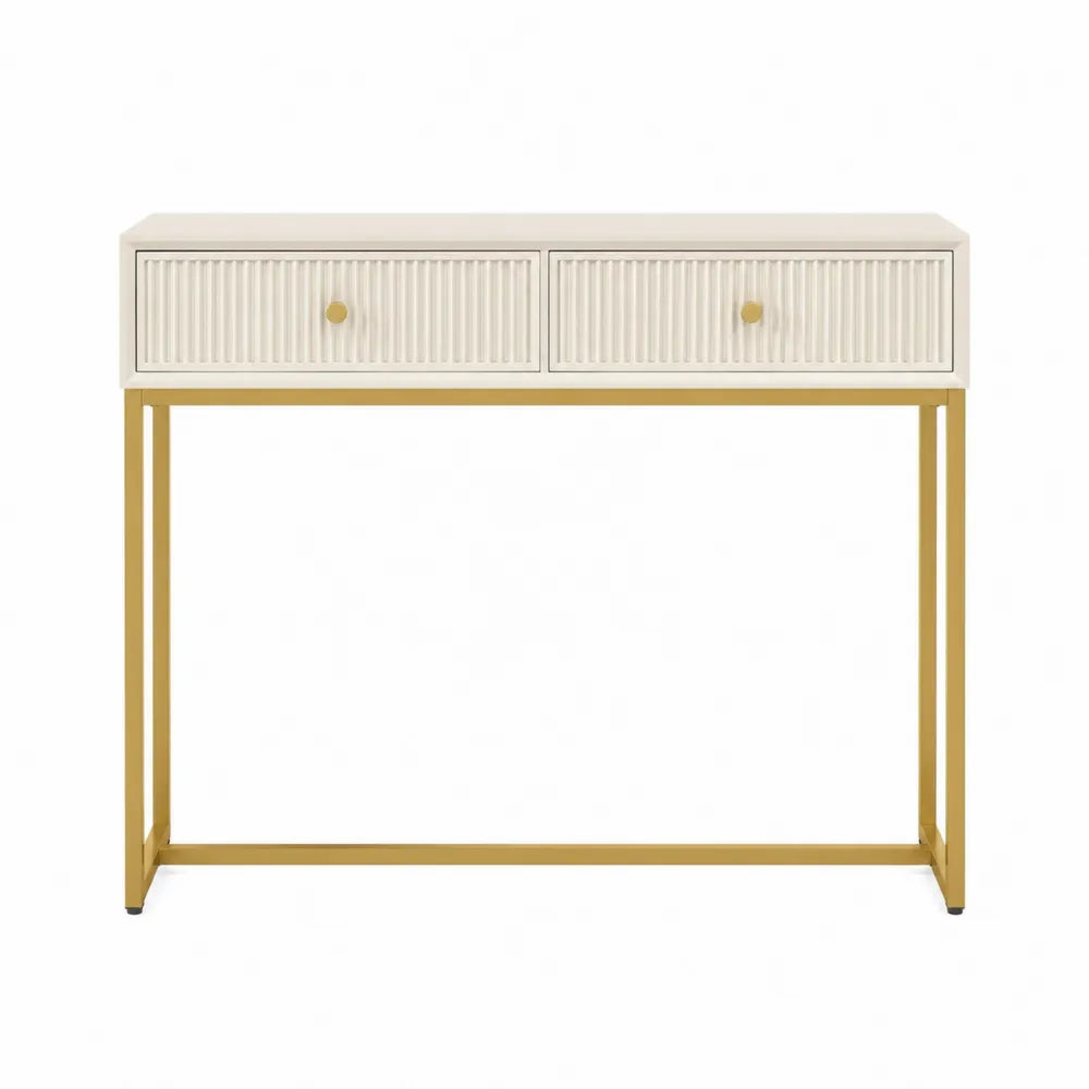 Tavolo consolle 100 x 35 x 80 cm con 2 cassetti MDF colore crema gambe in metallo finitura oro struttura rettangolare