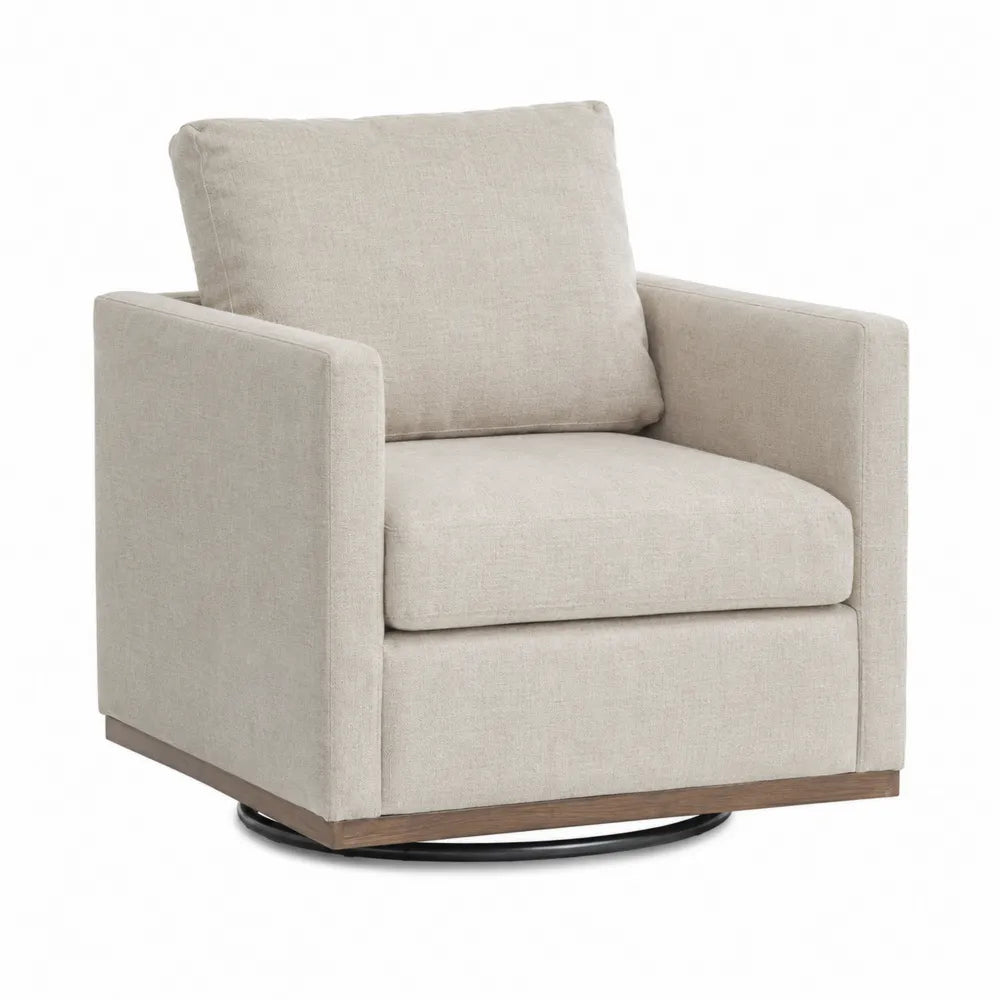 Poltrona girevole imbottita in tessuto beige con base in legno e metallo nero struttura moderna 75 cm larghezza 80 cm profondità 95 cm altezza