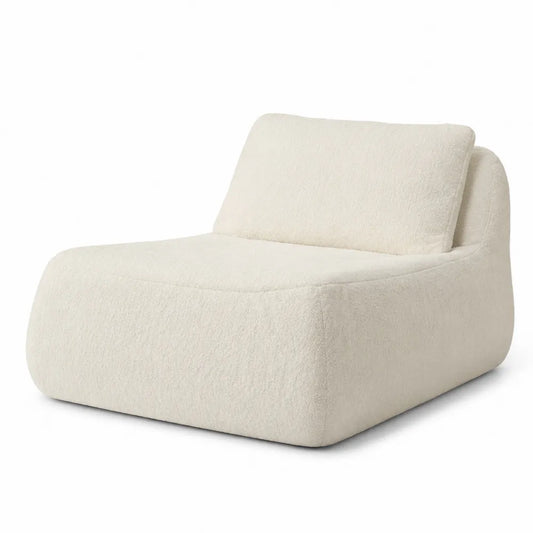 Poltrona lounge imbottita in tessuto bouclé crema forma arrotondata design moderno