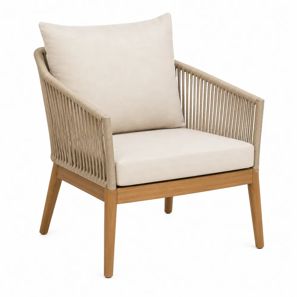 Sedia da esterno in legno di acacia con intreccio in corda sintetica e cuscino in tessuto poliestere beige 60 cm x 65 cm x 80 cm