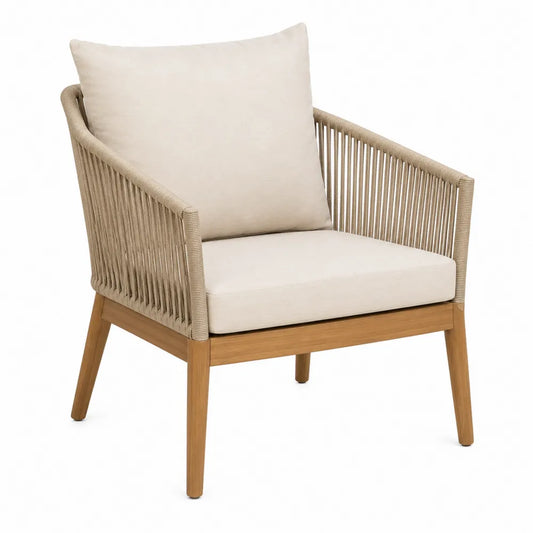 Sedia da esterno in legno di acacia con intreccio in corda sintetica e cuscino in tessuto poliestere beige 60 cm x 65 cm x 80 cm