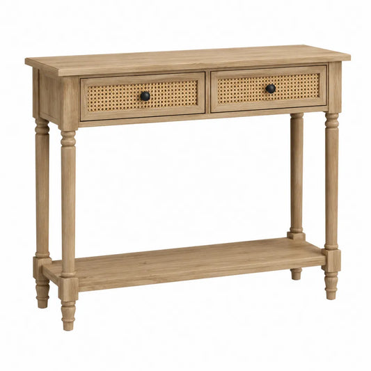 Consolle tavolo ingresso in MDF effetto rovere con 2 cassetti frontali in rattan gambe in legno massello dimensioni 100 cm x 35 cm x 80 cm colore rovere naturale e nero