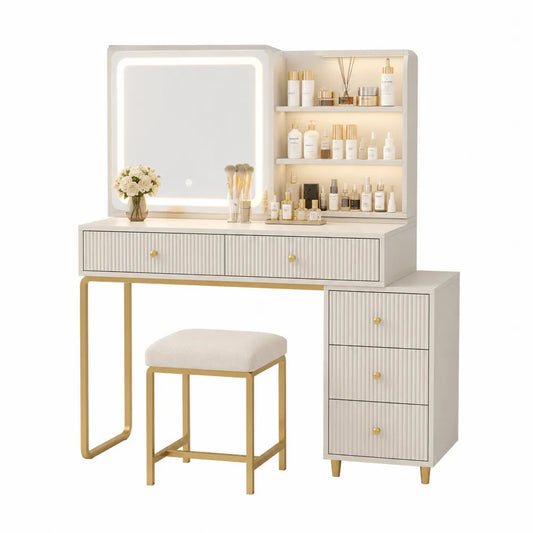 Toeletta trucco con specchio LED e sgabello in MDF bianco struttura in acciaio verniciato oro con cassetti multipli dimensioni 120 cm larghezza 40 cm profondità 135 cm altezza
