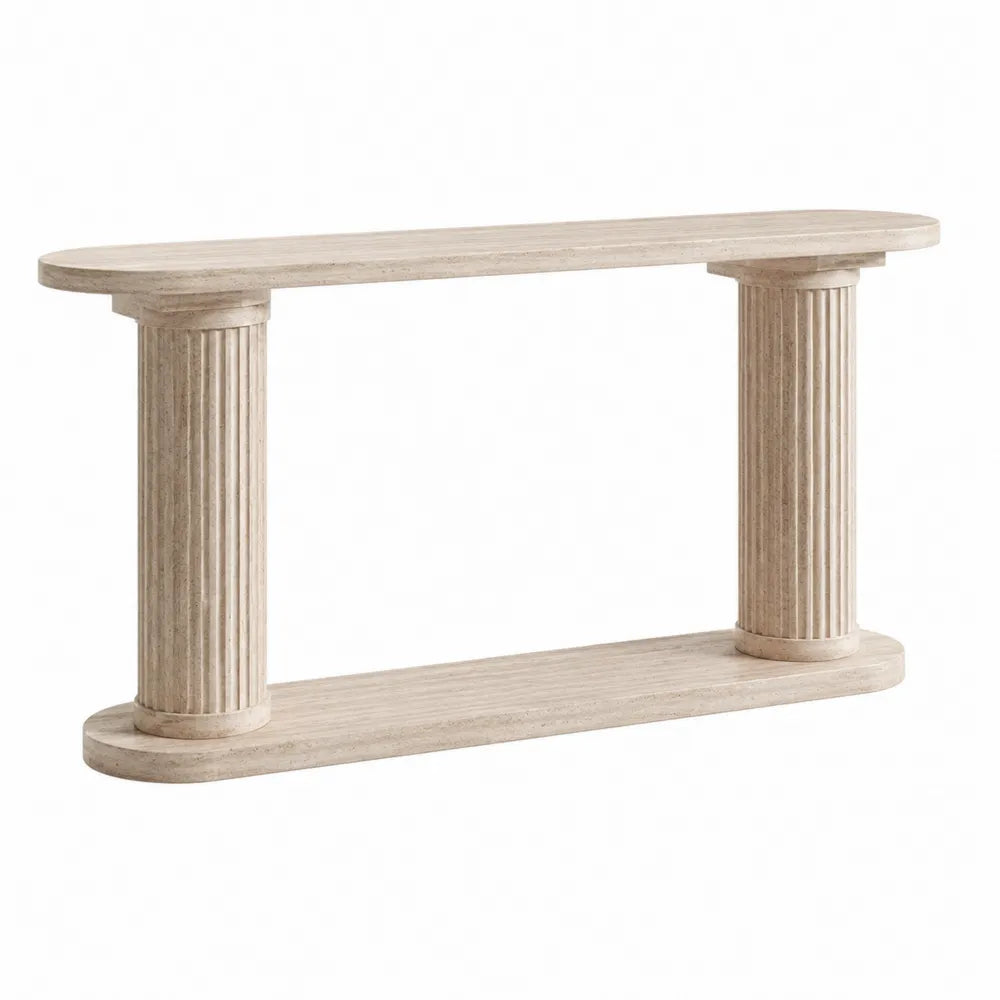 Tavolo consolle in pietra naturale travertino beige con colonne scanalate cilindriche lunghezza 140 cm larghezza 40 cm altezza 80 cm