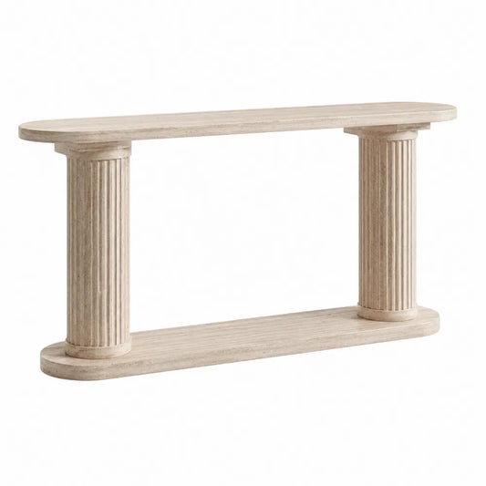 Tavolo consolle in pietra naturale travertino beige con colonne scanalate cilindriche lunghezza 140 cm larghezza 40 cm altezza 80 cm
