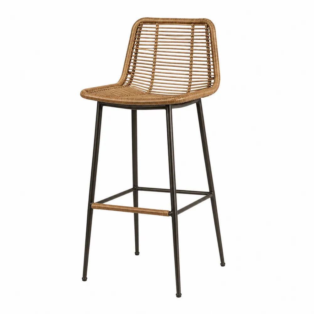 Sedia da bar da esterno in rattan sintetico PE con struttura in acciaio nero altezza seduta 75 cm design naturale 48 x 52 x 105 cm