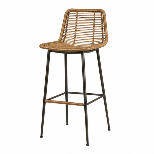 Sedia da bar da esterno in rattan sintetico PE con struttura in acciaio nero altezza seduta 75 cm design naturale 48 x 52 x 105 cm