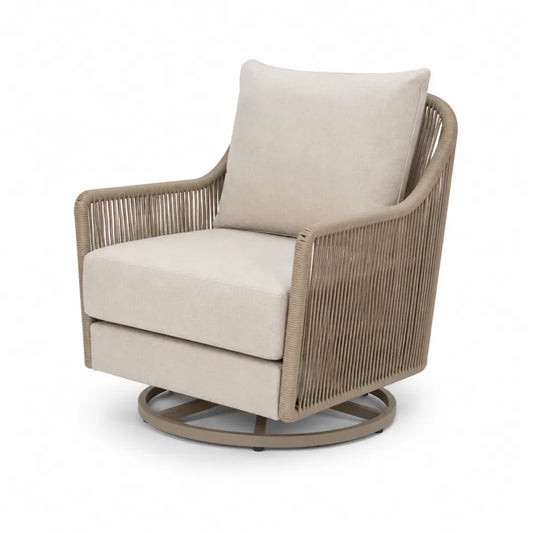 Sedia da esterno girevole con struttura in metallo e intreccio in corda colore beige con base rotante e cuscini imbottiti