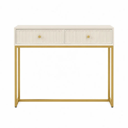 Tavolo consolle 100 x 35 x 80 cm con 2 cassetti MDF colore crema gambe in metallo finitura oro struttura rettangolare