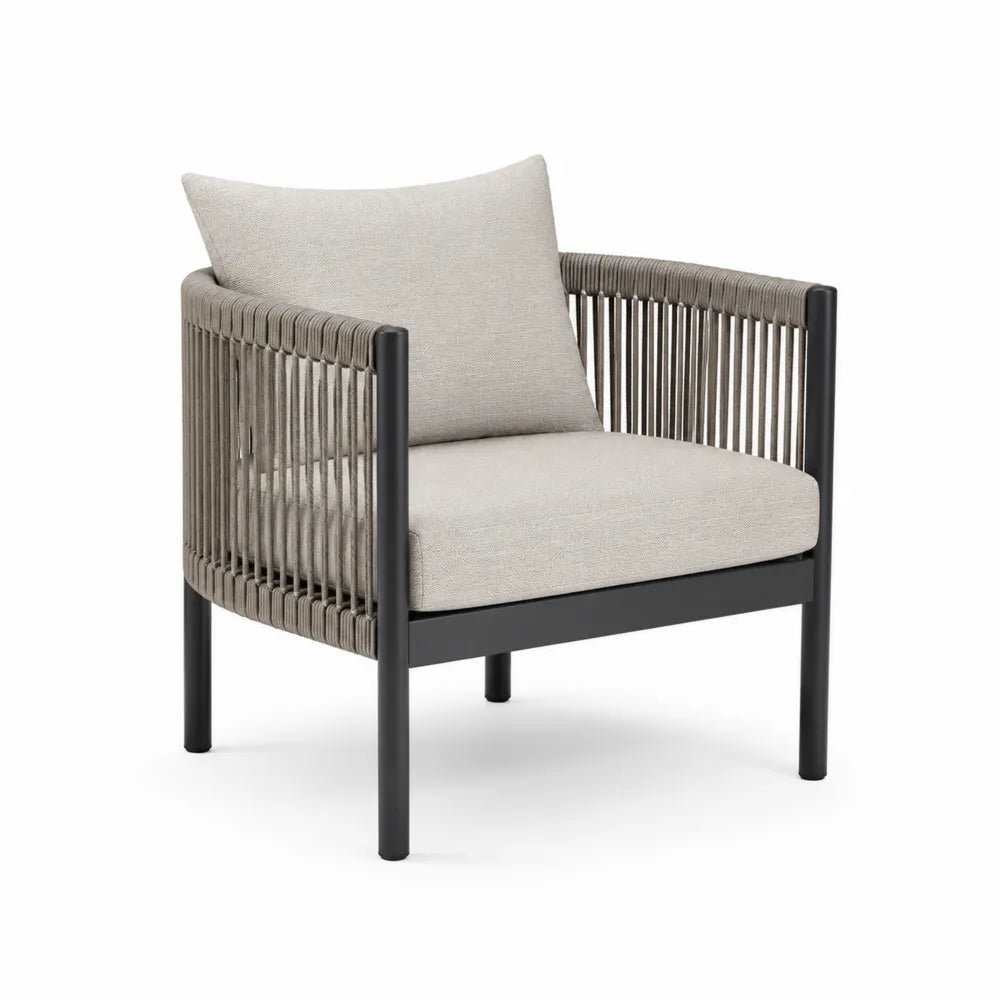 Poltrona da esterno in alluminio nero con intreccio in corda e cuscini in poliestere beige 75 cm x 80 cm x 78 cm
