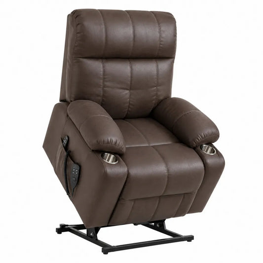 Poltrona relax elettrica in similpelle marrone con reclinazione automatica poggiapiedi integrato portabicchieri e tasca laterale dimensioni 85 cm 90 cm 105 cm