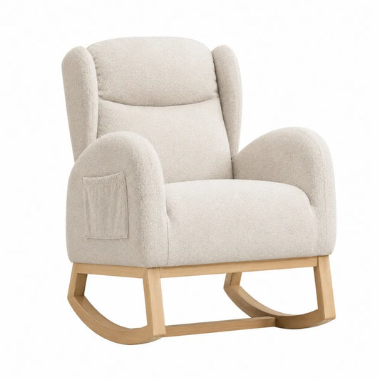 Poltrona a dondolo imbottita in tessuto bouclé beige con struttura in legno e base curva