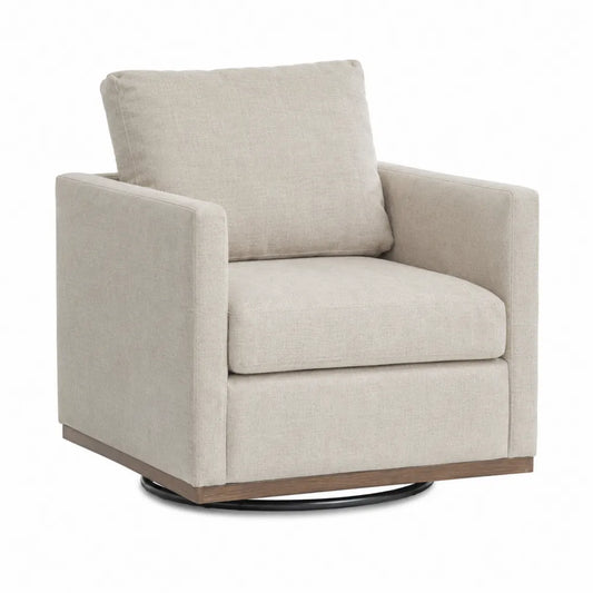 Poltrona girevole imbottita in tessuto beige con base in legno e metallo nero struttura moderna 75 cm larghezza 80 cm profondità 95 cm altezza