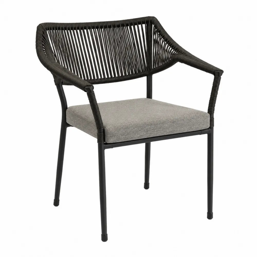 Sedia da esterno in corda sintetica con struttura in metallo nero e cuscino grigio design moderno