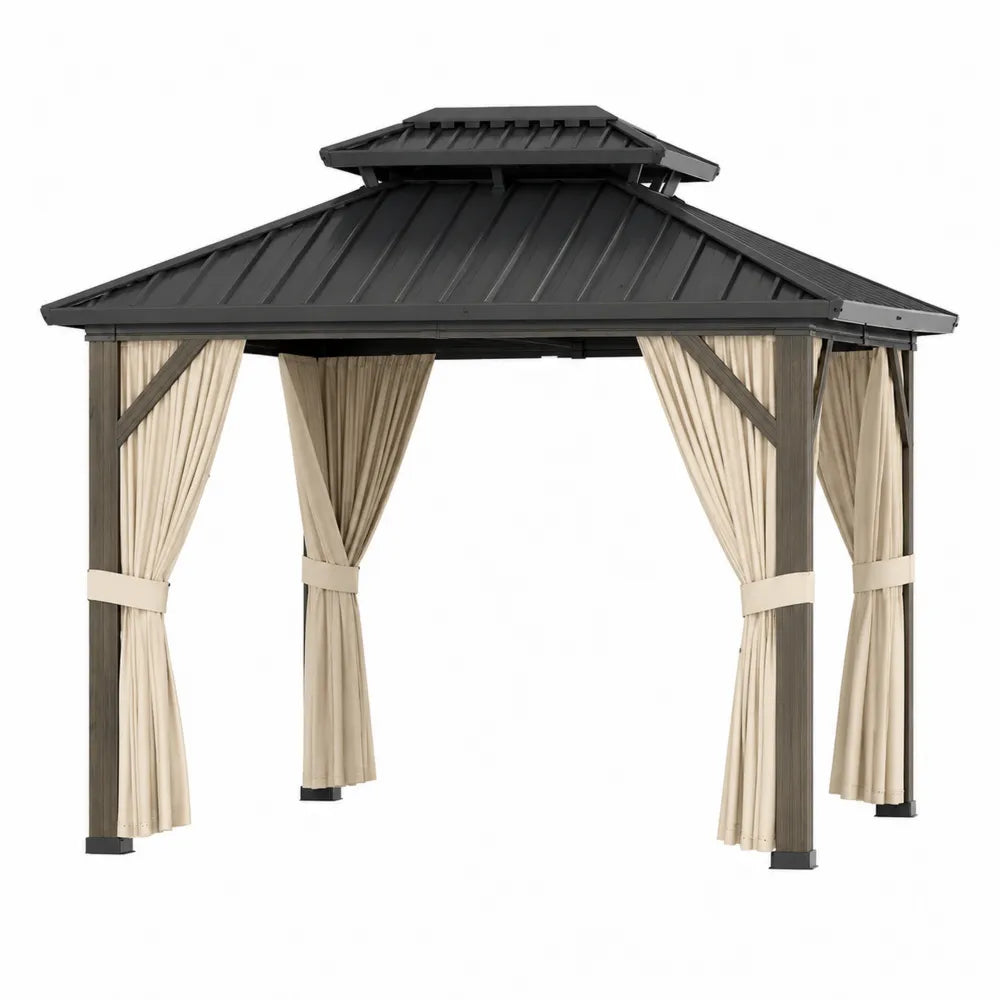 Gazebo da esterno in metallo con tetto rigido e tende laterali in tessuto poliestere 300x300x280 cm struttura grigio scuro con tende beige