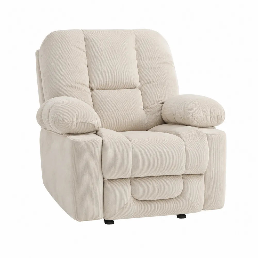 Poltrona relax a dondolo reclinabile in tessuto a coste colore beige con base in legno
