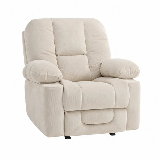 Poltrona relax a dondolo reclinabile in tessuto a coste colore beige con base in legno