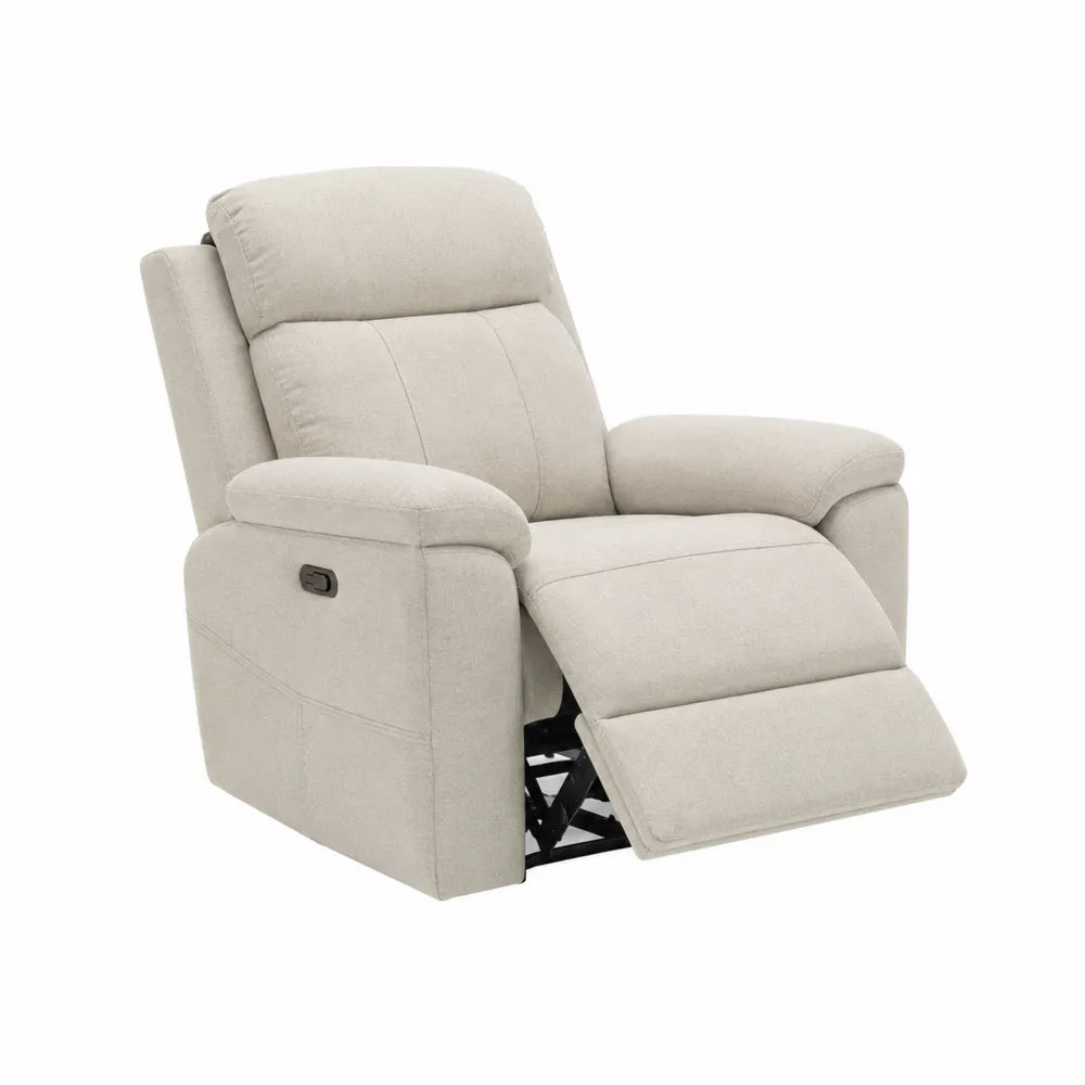 Poltrona relax elettrica reclinabile in tessuto beige con schienale alto braccioli struttura in acciaio 85 cm 95 cm 105 cm