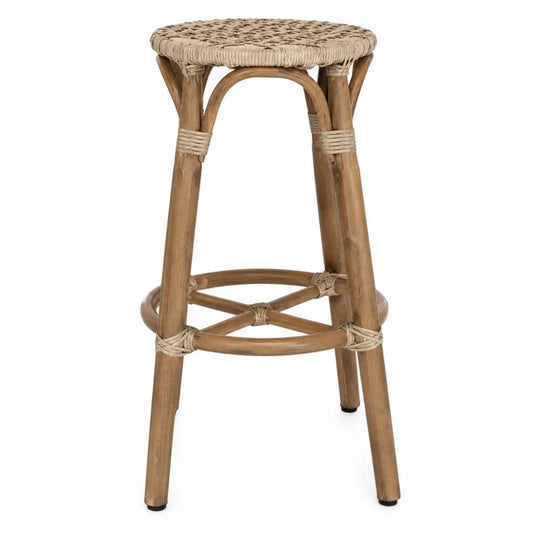 Sgabello da esterno in legno massello di acacia con seduta rotonda intrecciata in fibra naturale colore naturale altezza 65 cm