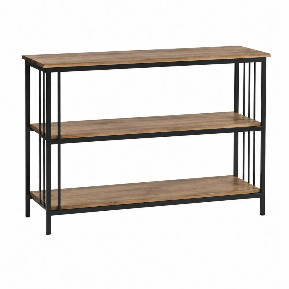 Tavolo consolle soggiorno in MDF effetto legno con struttura in metallo nero 3 ripiani aperti dimensioni 120 cm x 35 cm x 80 cm
