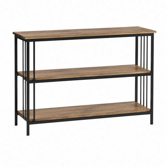 Tavolo consolle soggiorno in MDF effetto legno con struttura in metallo nero 3 ripiani aperti dimensioni 120 cm x 35 cm x 80 cm