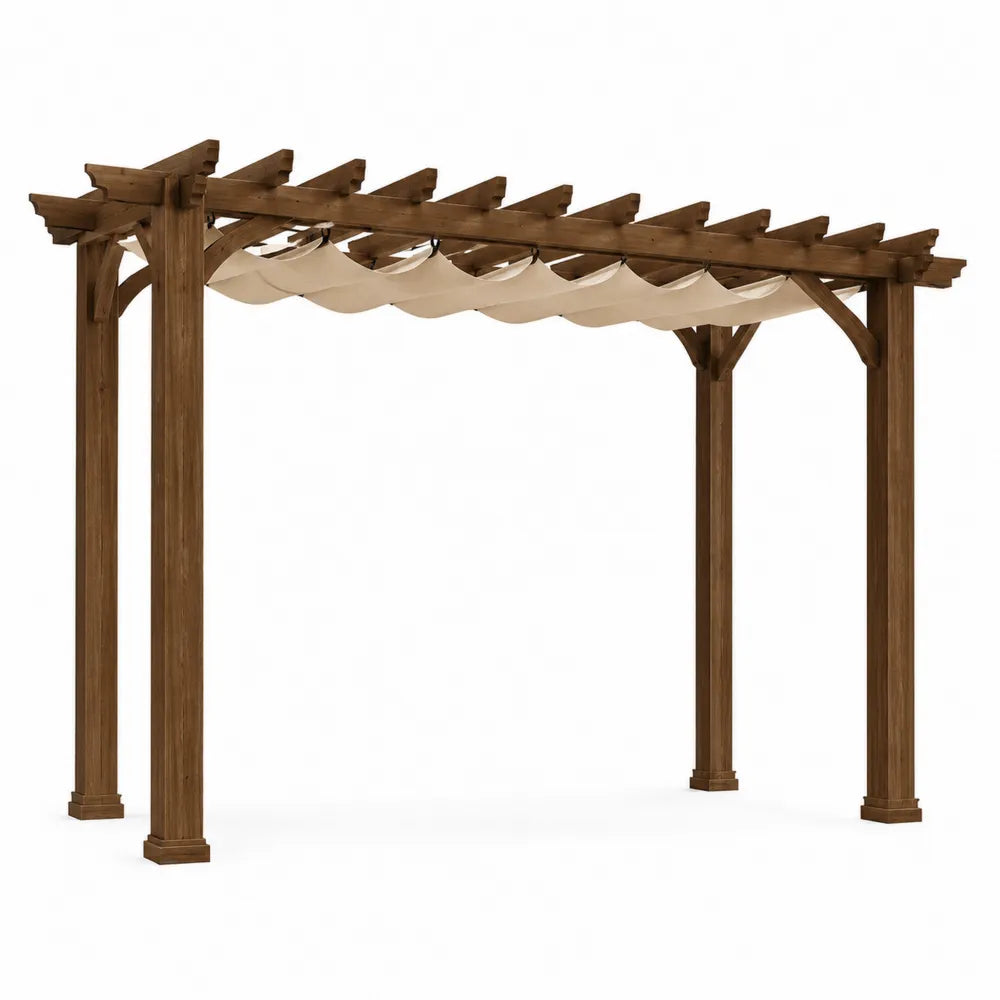 Pergola da giardino in legno 300x300x260 cm con tenda scorrevole in tessuto beige struttura naturale